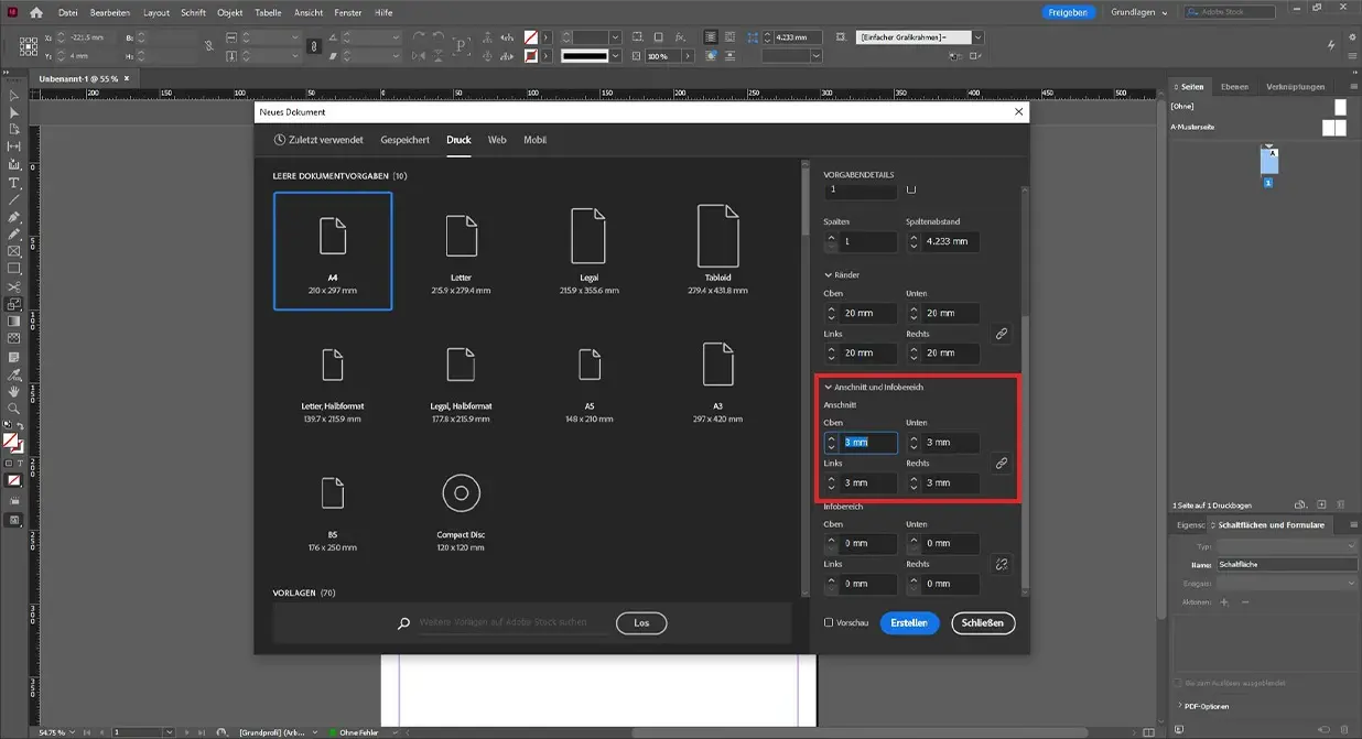 InDesign - Anschnitt einstellen