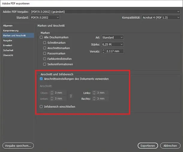 InDesign - Export mit Anschnitteinstellungen